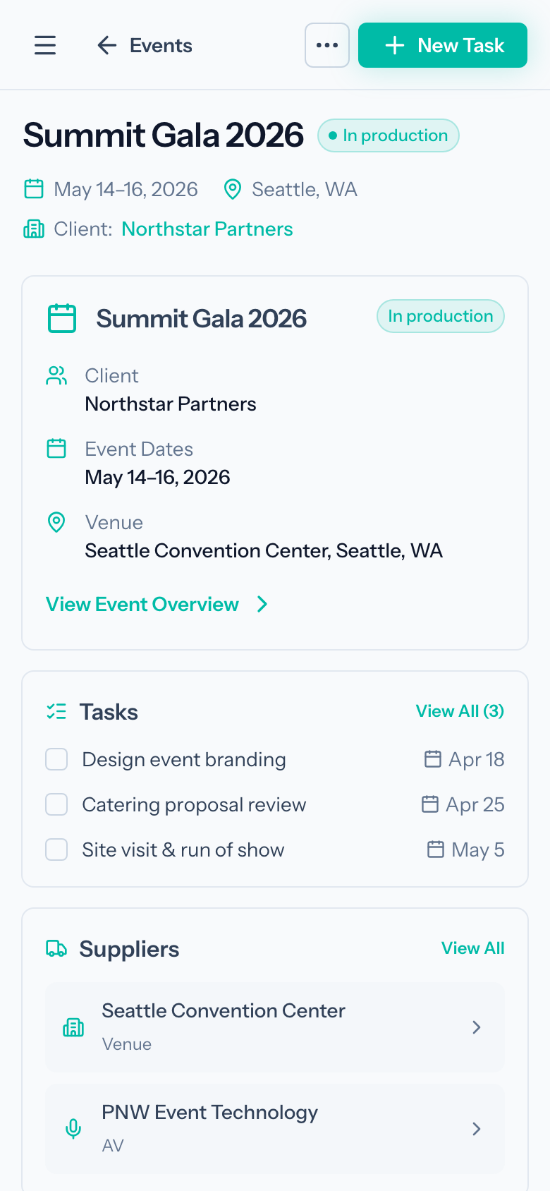Event overview with client, tasks, and suppliers